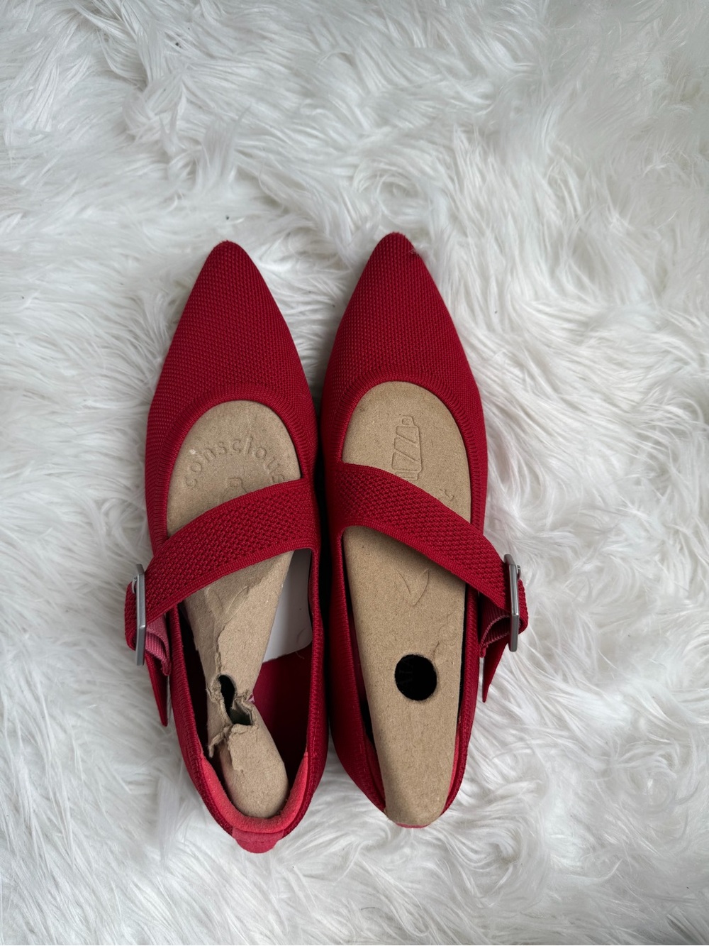 Women’s Red Knit Mary Jane Flats with Stretch Strap - Picture 3 of 3